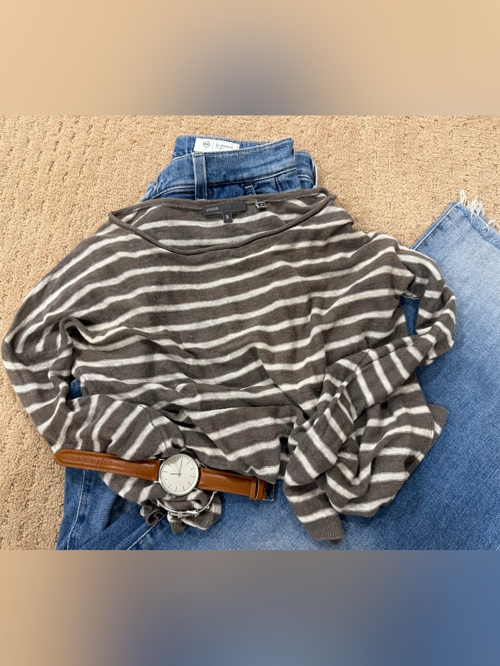 Vince Striped Lightweight Knit Sweater Gray White Dolman Sleeve Size S